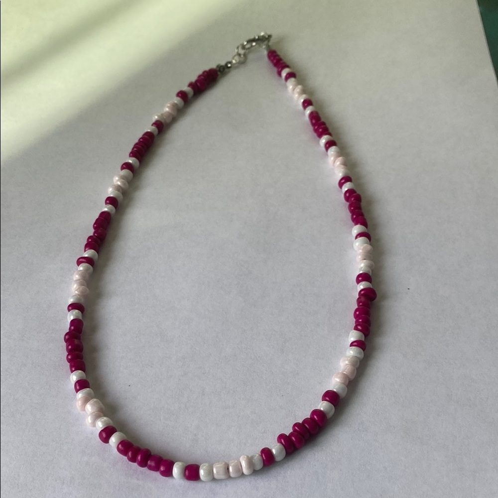 Handmade Pink and White Beaded Necklace